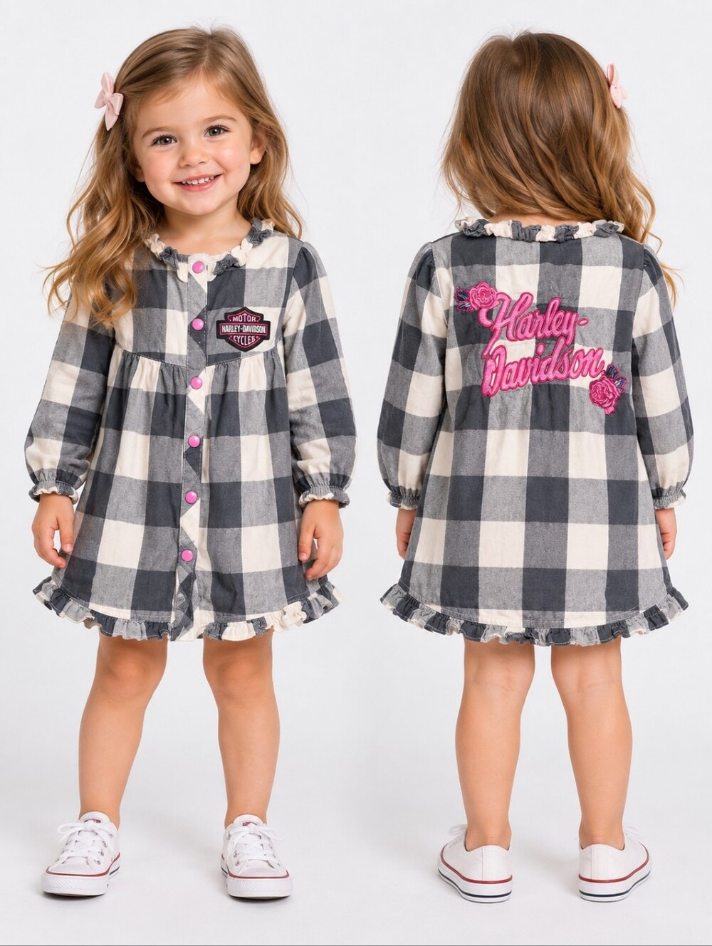 EUC Harley-Davidson Girls 3T Plaid Ruffle Embroidered Dress 100% Cotton Cute